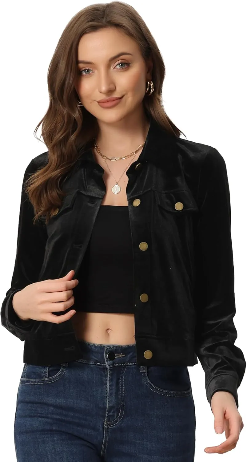 Allegra K Women's Halloween Cropped Jackets Button Down Slash Pockets 2024 Fall Casual Velvet Blazer