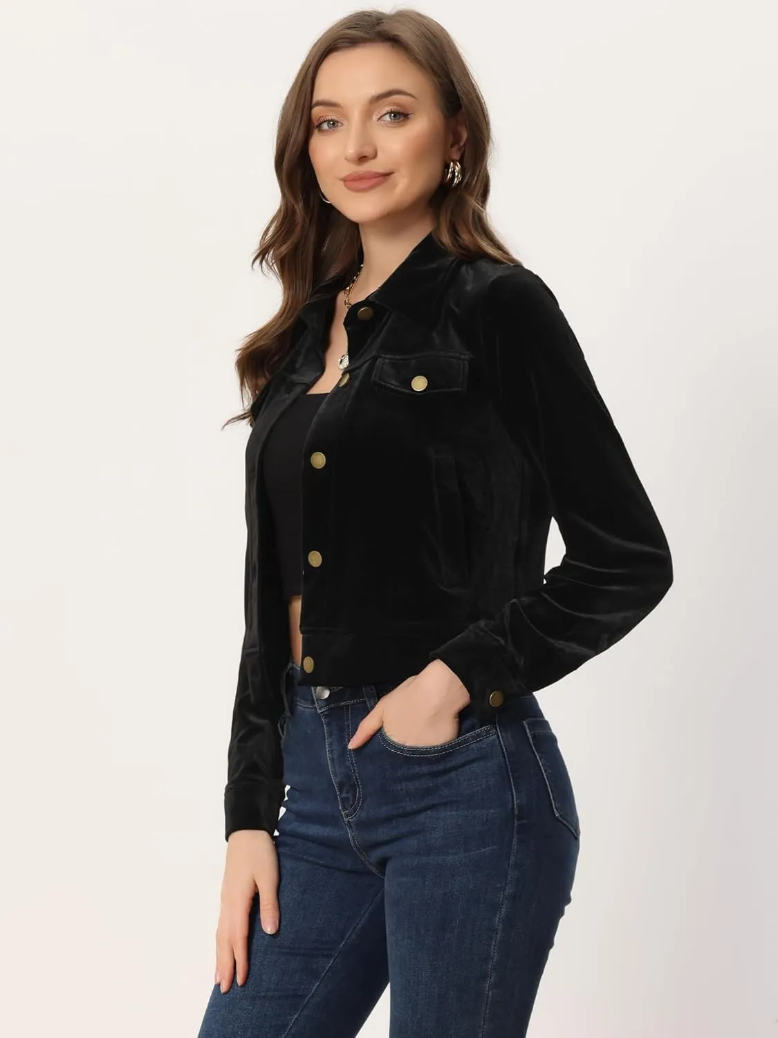 Allegra K Women's Halloween Cropped Jackets Button Down Slash Pockets 2024 Fall Casual Velvet Blazer