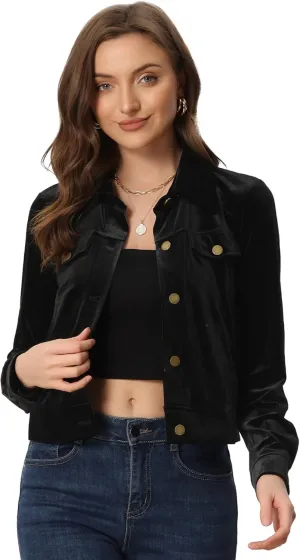 Allegra K Women's Halloween Cropped Jackets Button Down Slash Pockets 2024 Fall Casual Velvet Blazer