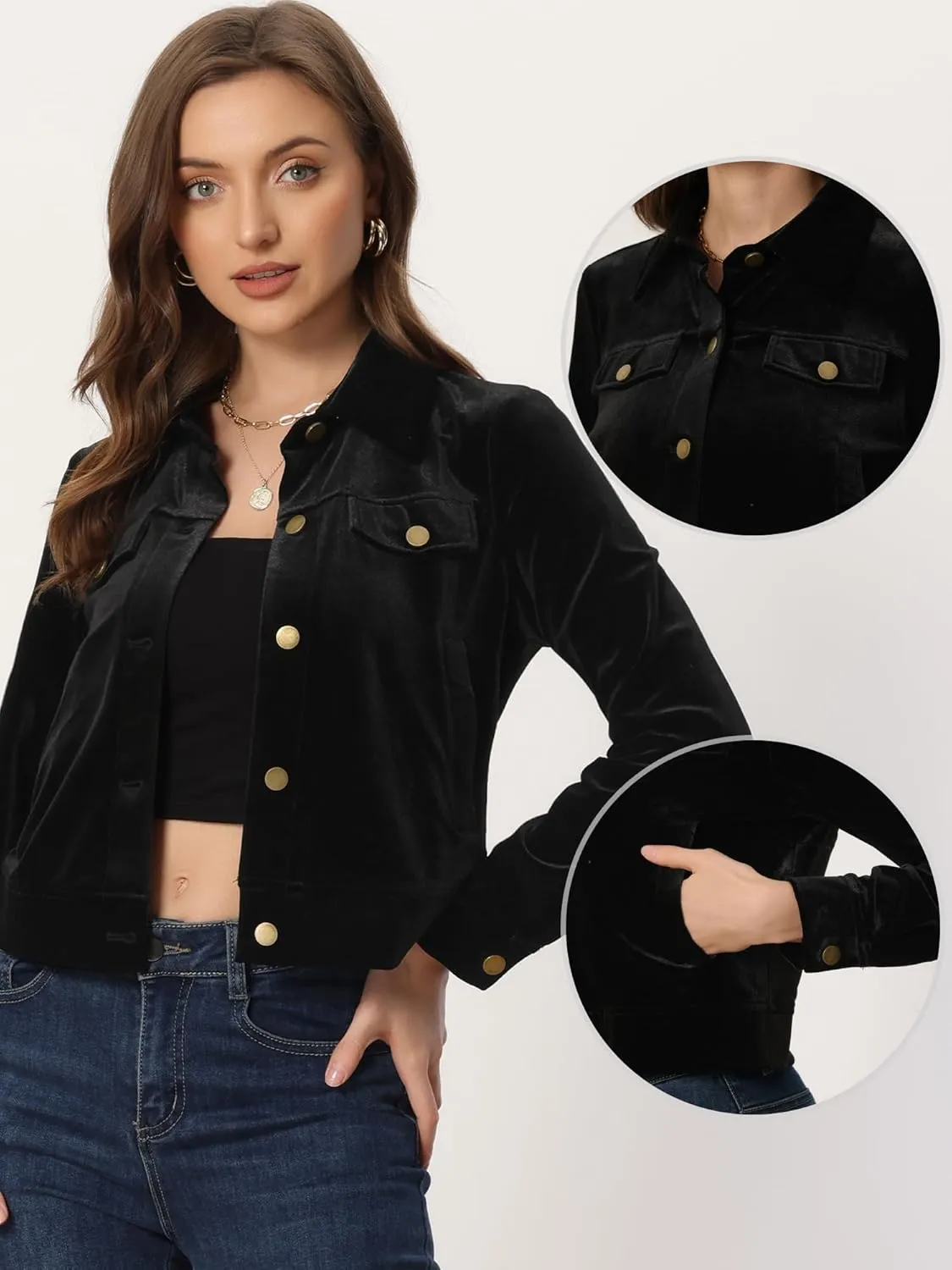 Allegra K Women's Halloween Cropped Jackets Button Down Slash Pockets 2024 Fall Casual Velvet Blazer