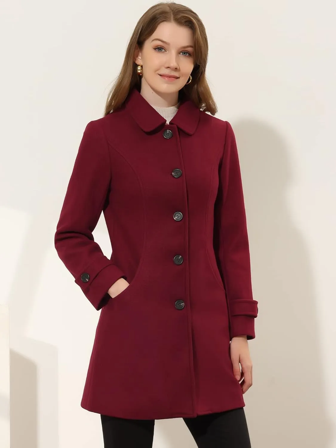 Allegra K Women's Winter Outerwear Overcoat Peter Pan Collar Mid-thigh A-line Single Breasted Pea Coat