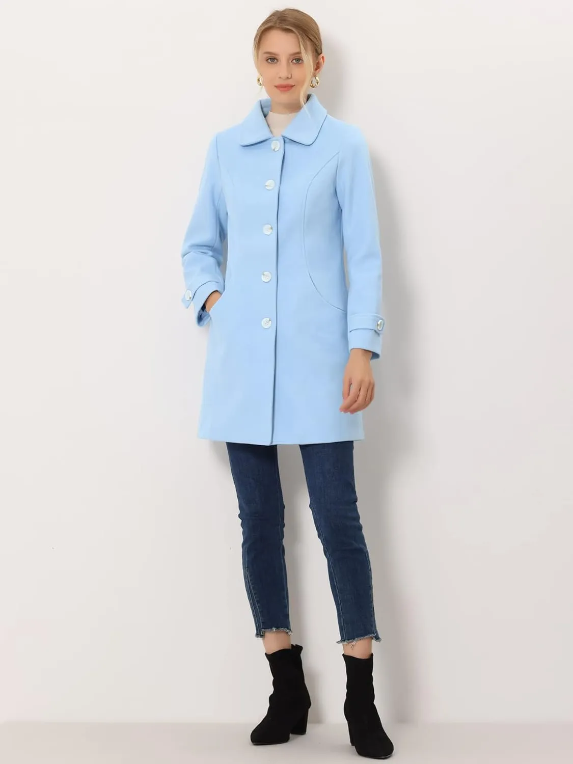 Allegra K Women's Winter Outerwear Overcoat Peter Pan Collar Mid-thigh A-line Single Breasted Pea Coat