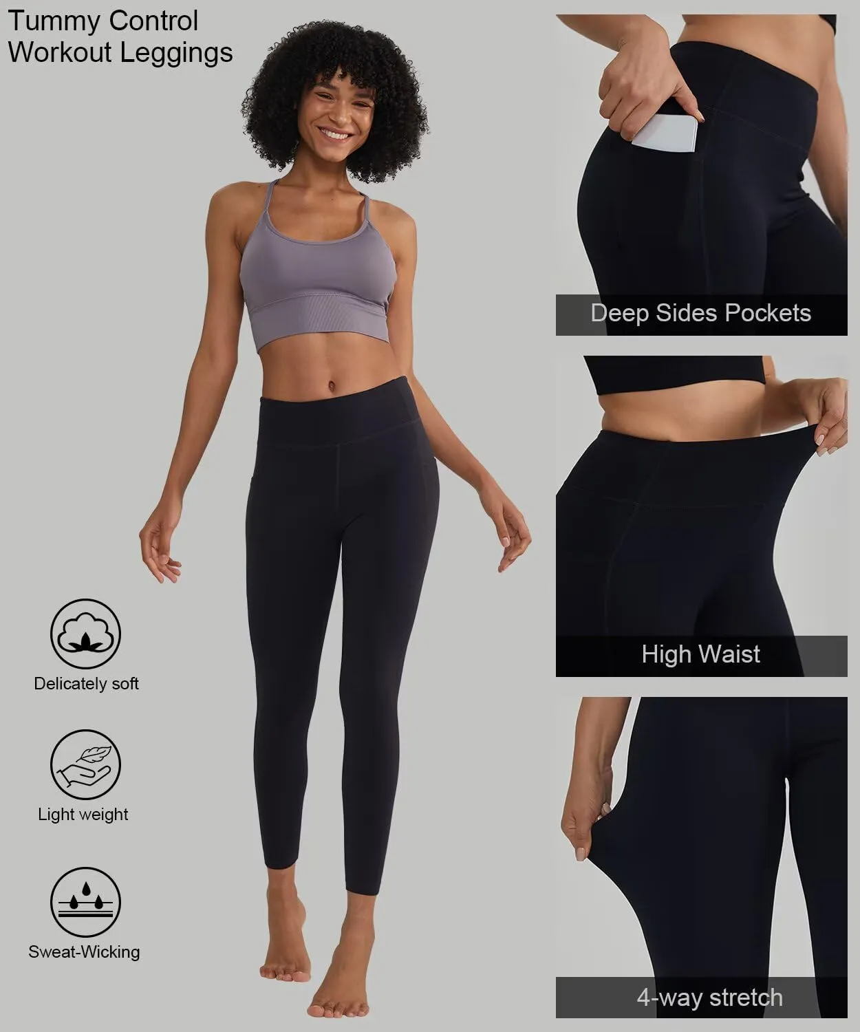 ALONG FIT High Waisted Leggings with Pockets, Tummy Control Workout Leggings for Women 25 Soft Yoga Pants Gym Sport Lounge