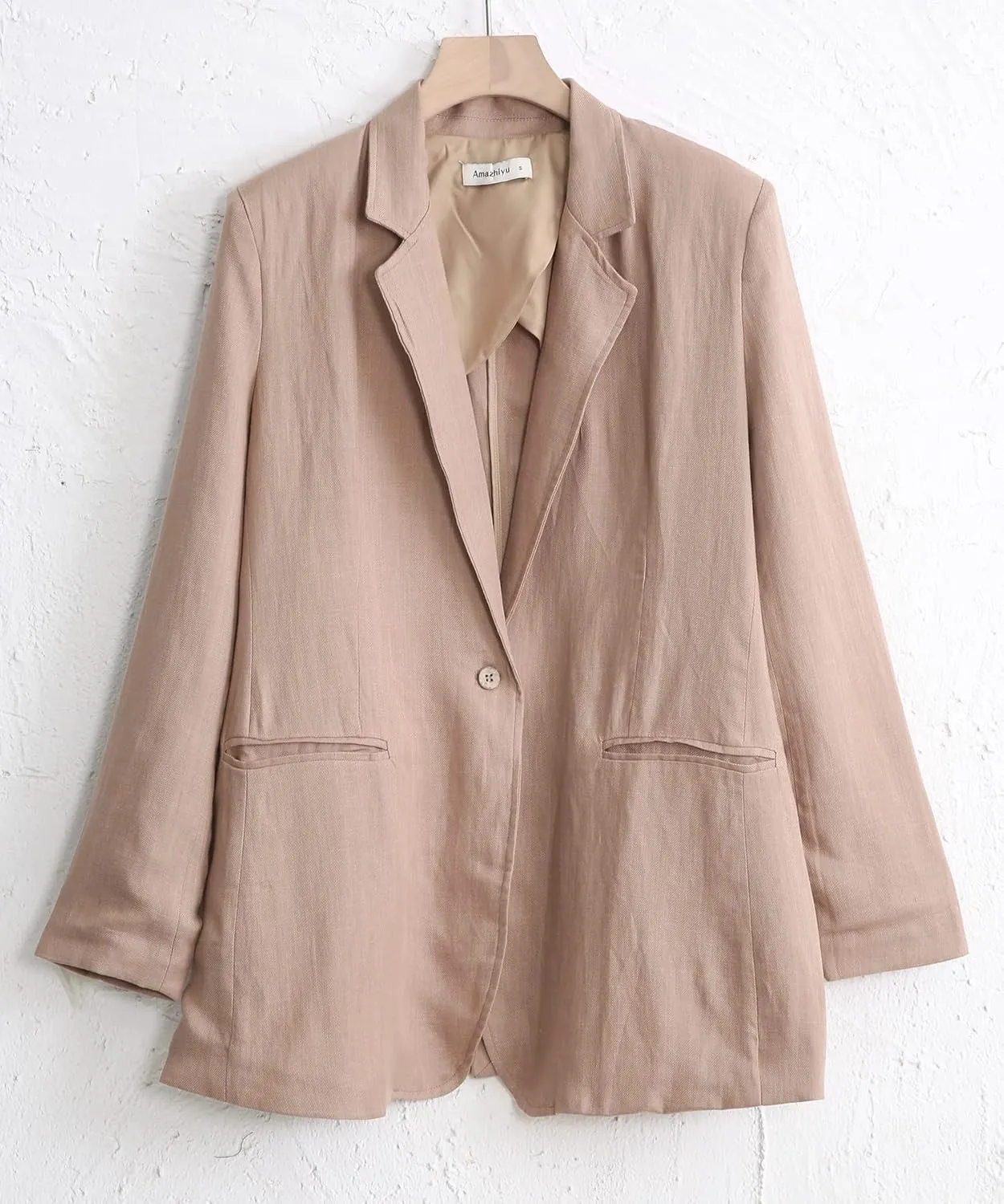 Amazhiyu Womens Linen Blend Notched Buttoned Blazer Jackets Long Sleeve Casual Office Coat
