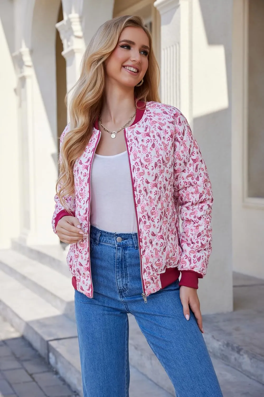 andy & natalie Women's Bomber Jacket Fashion Quilted Casual Lightweight Bomber Jakcets Zip up Outerwear Jacket with Pockets