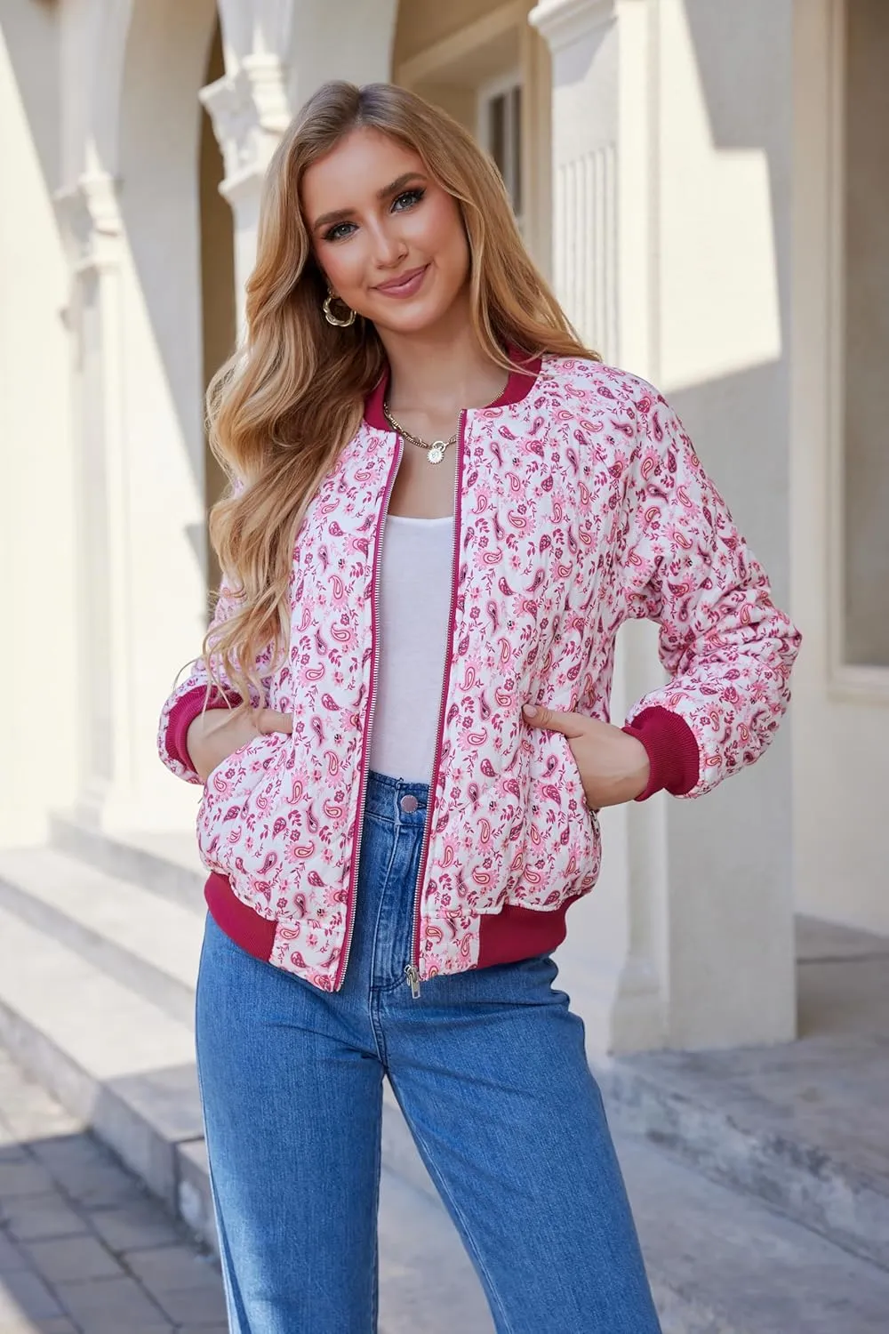 andy & natalie Women's Bomber Jacket Fashion Quilted Casual Lightweight Bomber Jakcets Zip up Outerwear Jacket with Pockets