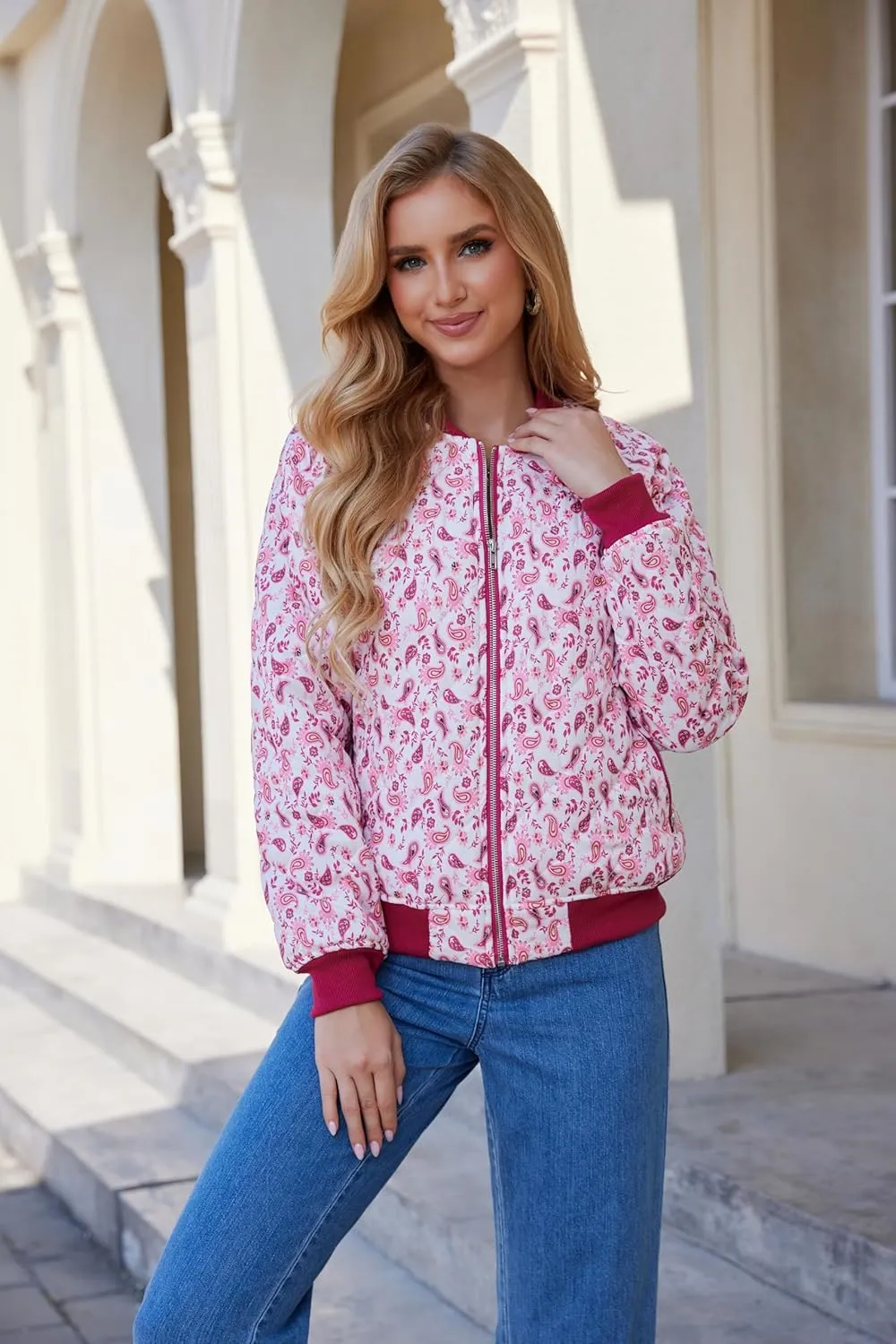andy & natalie Women's Bomber Jacket Fashion Quilted Casual Lightweight Bomber Jakcets Zip up Outerwear Jacket with Pockets