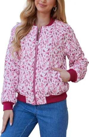 andy & natalie Women's Bomber Jacket Fashion Quilted Casual Lightweight Bomber Jakcets Zip up Outerwear Jacket with Pockets