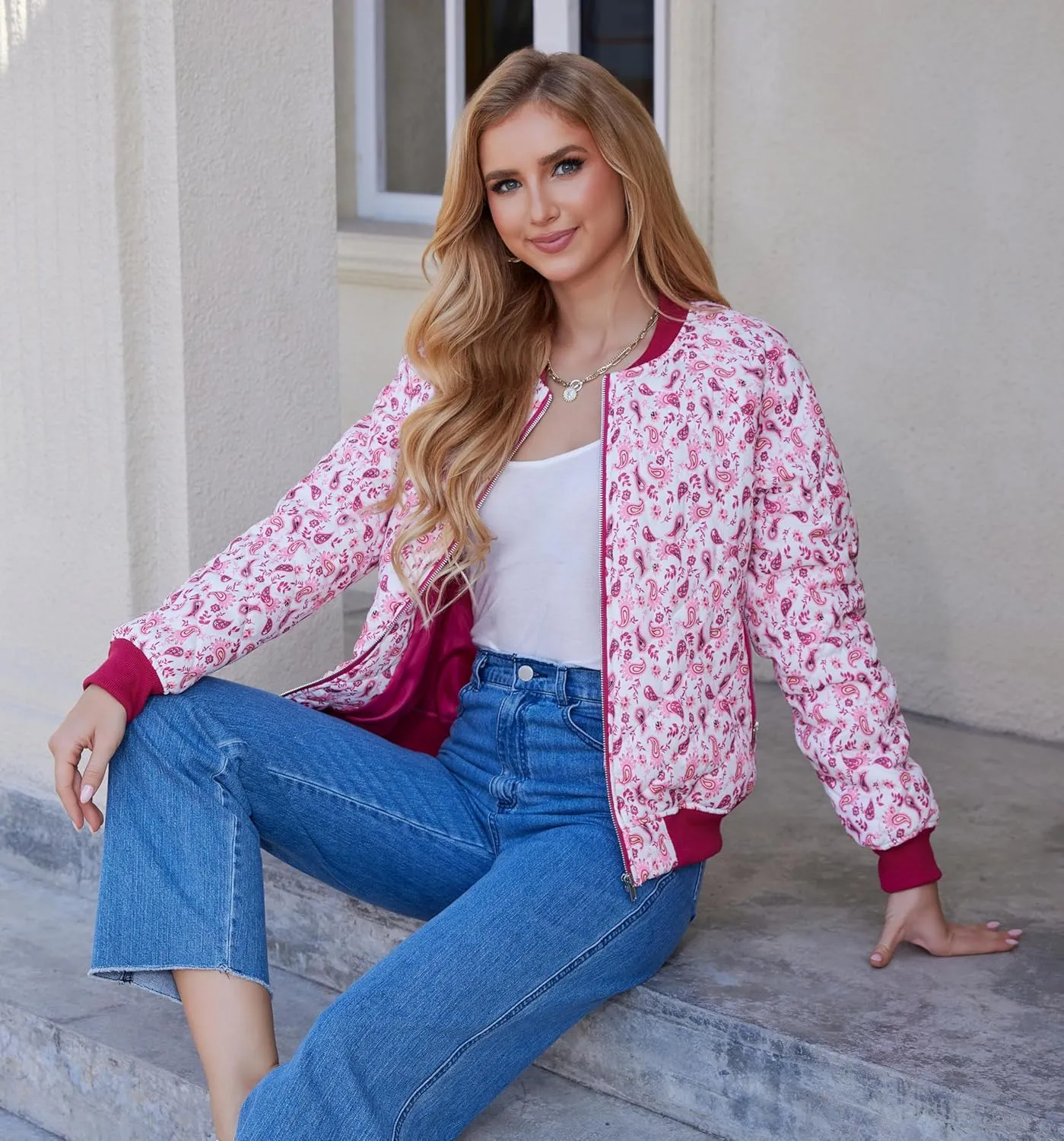 andy & natalie Women's Bomber Jacket Fashion Quilted Casual Lightweight Bomber Jakcets Zip up Outerwear Jacket with Pockets