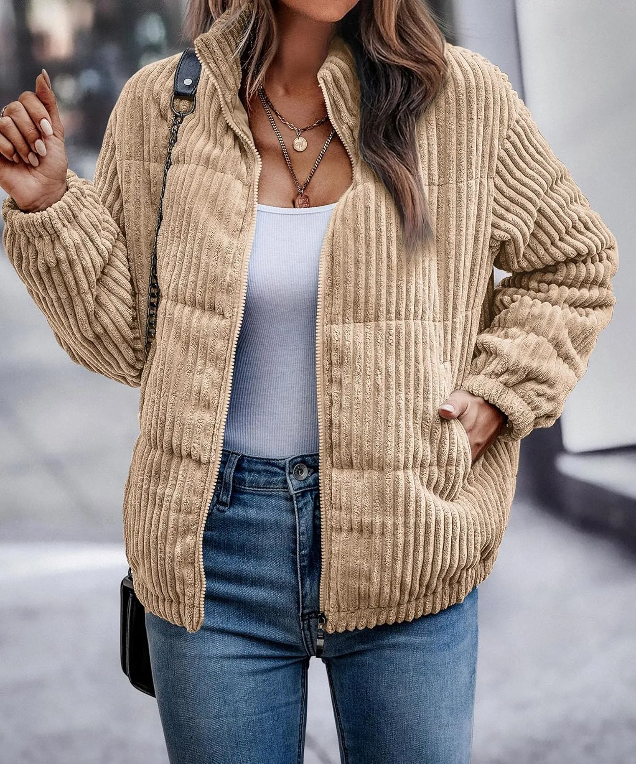 Angashion Women's Bomber Jacket Corduroy Ribbed Quilted Zip Up Long Sleeve Winter Coat Fall Outerwear Tops with Pockets