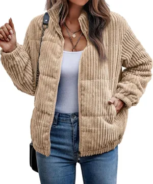 Angashion Women's Bomber Jacket Corduroy Ribbed Quilted Zip Up Long Sleeve Winter Coat Fall Outerwear Tops with Pockets