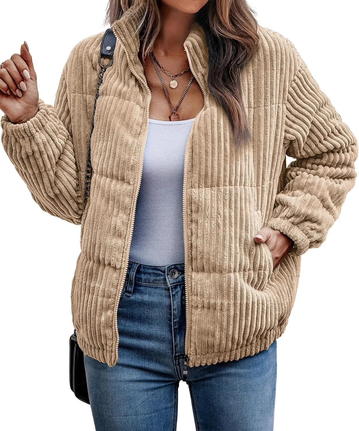 Angashion Women's Bomber Jacket Corduroy Ribbed Quilted Zip Up Long Sleeve Winter Coat Fall Outerwear Tops with Pockets