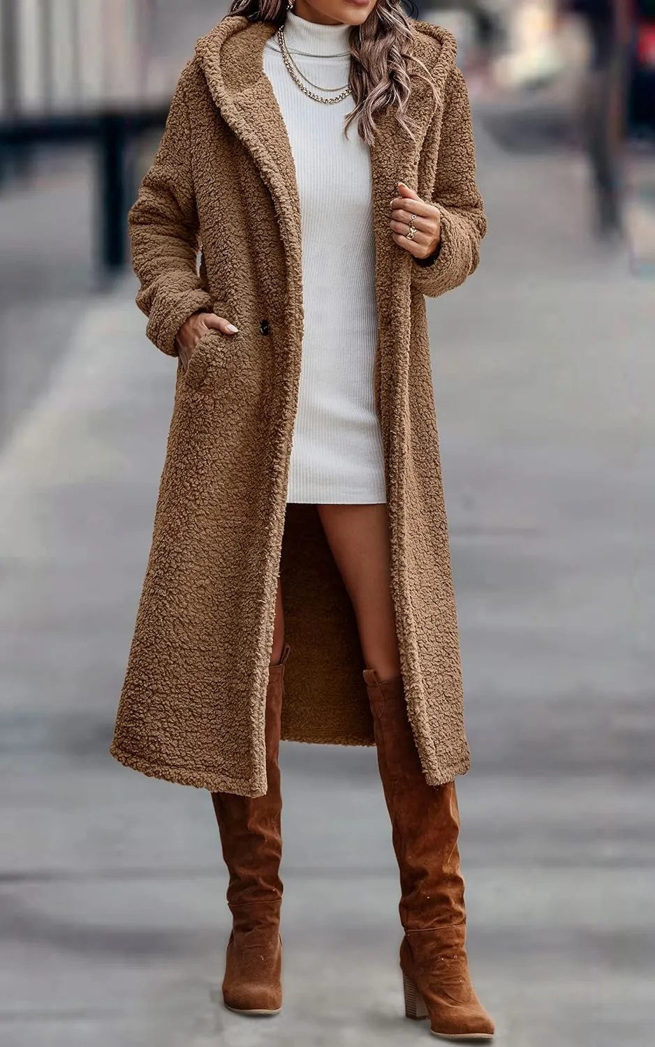 Angashion Women's Fuzzy Fleece Lapel Open Front Long Cardigan Coat Faux Fur Warm Winter Outwear Jackets