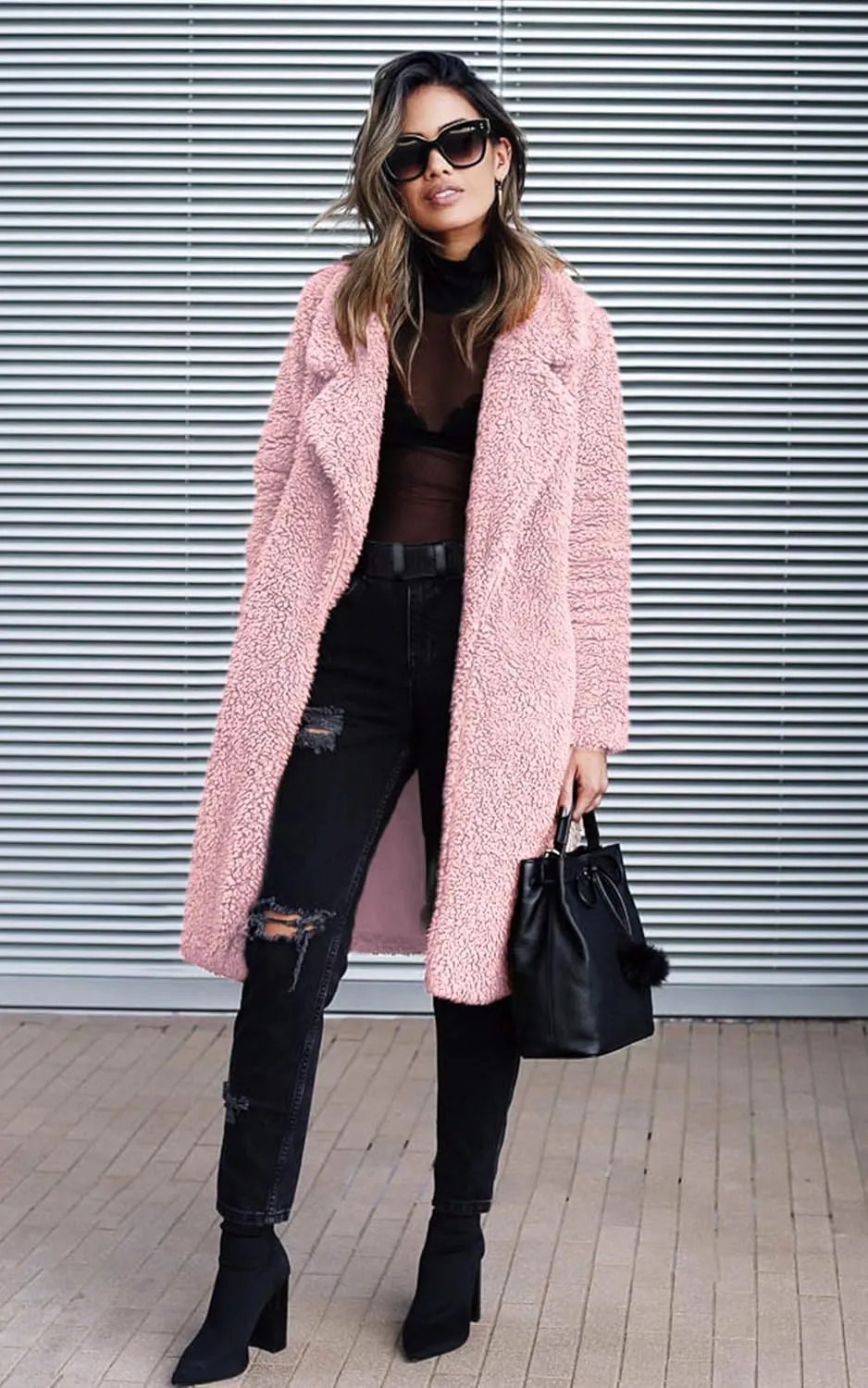 Angashion Women's Fuzzy Fleece Lapel Open Front Long Cardigan Coat Faux Fur Warm Winter Outwear Jackets
