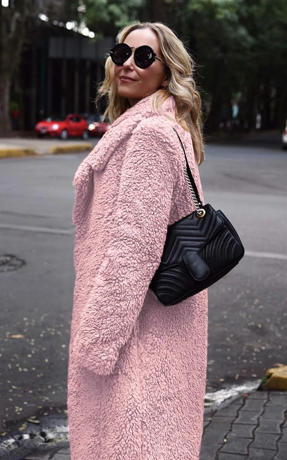 Angashion Women's Fuzzy Fleece Lapel Open Front Long Cardigan Coat Faux Fur Warm Winter Outwear Jackets