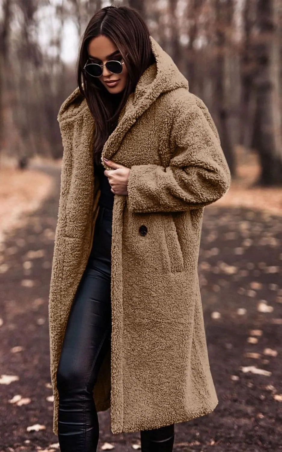 Angashion Women's Fuzzy Fleece Lapel Open Front Long Cardigan Coat Faux Fur Warm Winter Outwear Jackets
