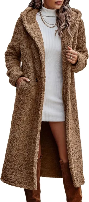 Angashion Women's Fuzzy Fleece Lapel Open Front Long Cardigan Coat Faux Fur Warm Winter Outwear Jackets