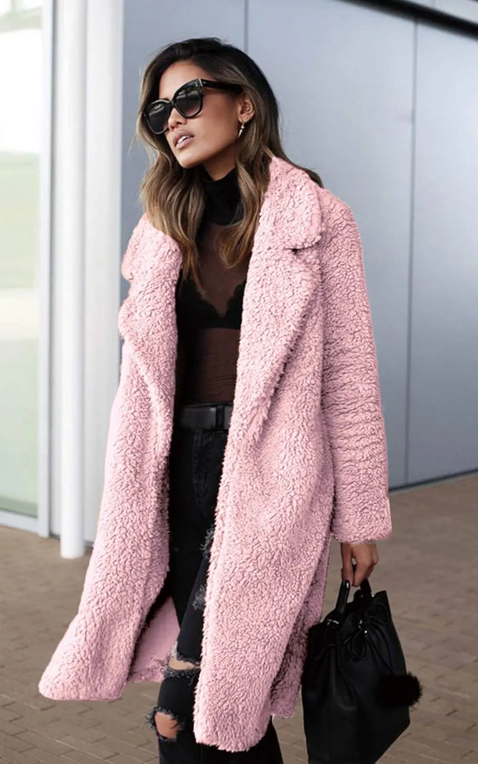 Angashion Women's Fuzzy Fleece Lapel Open Front Long Cardigan Coat Faux Fur Warm Winter Outwear Jackets