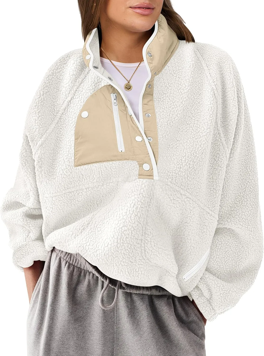 ANRABESS Women Fleece Sherpa Pullover Sweatshirt Cropped Loose Fuzzy Jacket Soft Button Down Winter Outerwear with Pockets