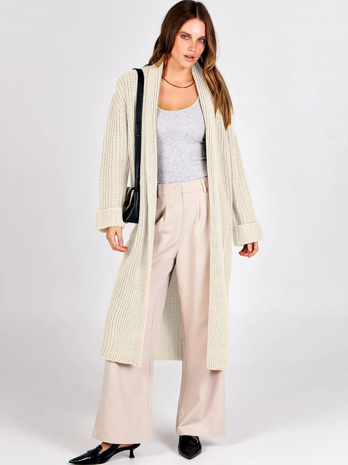 ANRABESS Women Knit Long Cardigan Long Sleeve Open Front Lapel Oversized Sweater Coat 2025 Fall Duster Outerwear Clothes