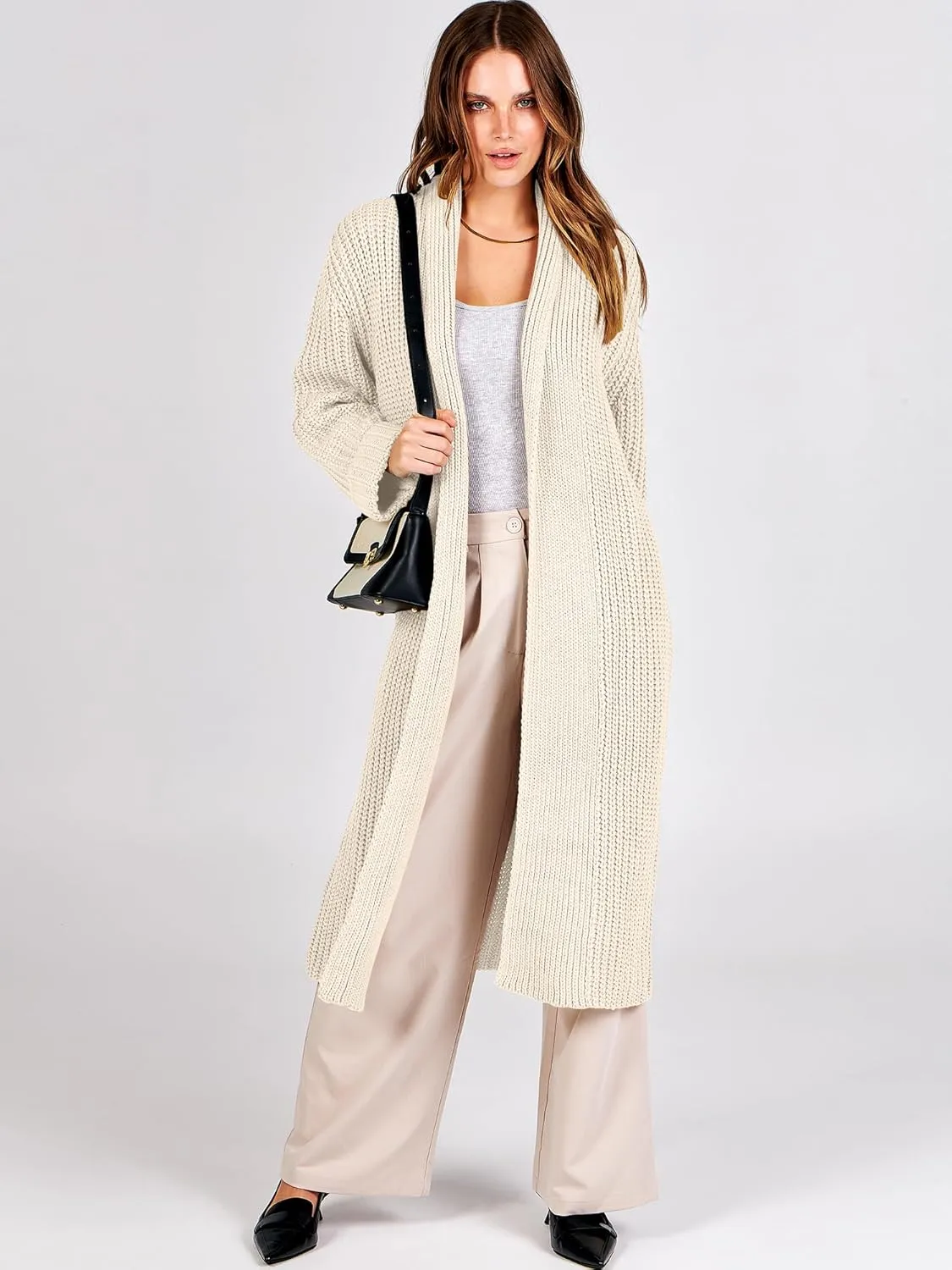 ANRABESS Women Knit Long Cardigan Long Sleeve Open Front Lapel Oversized Sweater Coat 2025 Fall Duster Outerwear Clothes