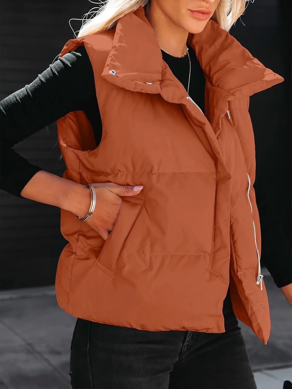 ANRABESS Women Puffer Vest Sleeveless Zip Up Stand Collar Quilted Lightweight Jacket Winter Warm Puffer Padded Down Outerwear