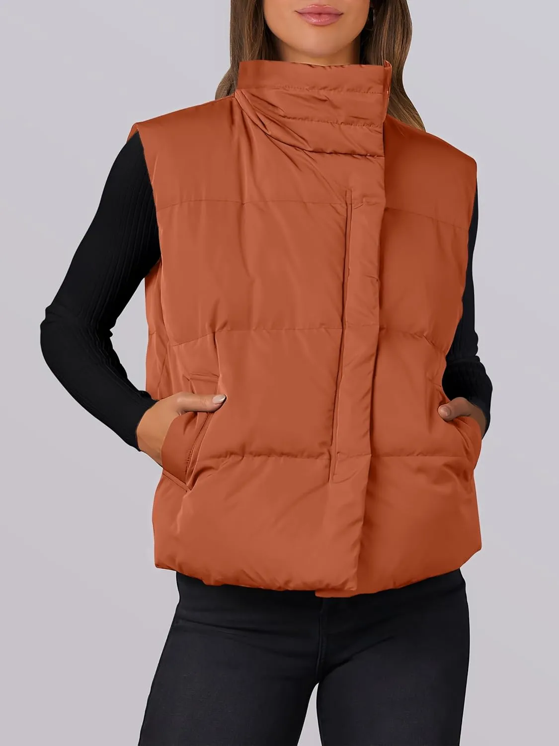 ANRABESS Women Puffer Vest Sleeveless Zip Up Stand Collar Quilted Lightweight Jacket Winter Warm Puffer Padded Down Outerwear