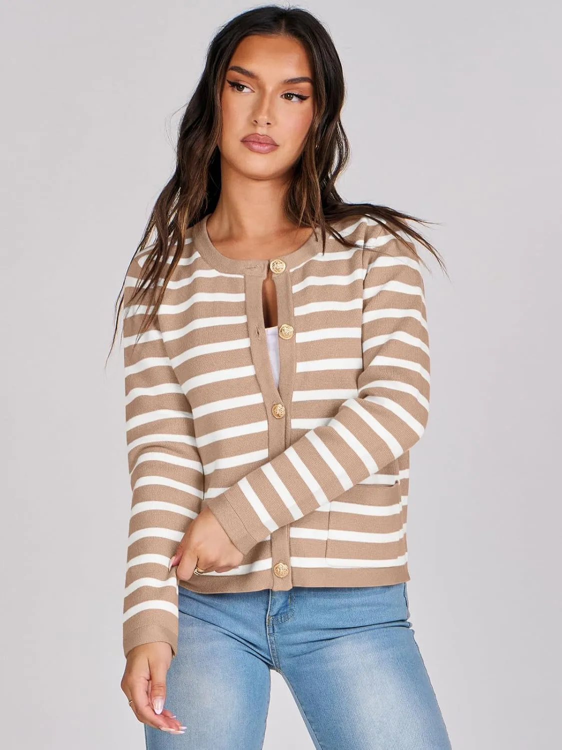 ANRABESS Women Striped Cardigan Sweaters Button Down Cropped Knit Lady Jackets Coat 2025 Fall Outfits Spring Trendy Clothes