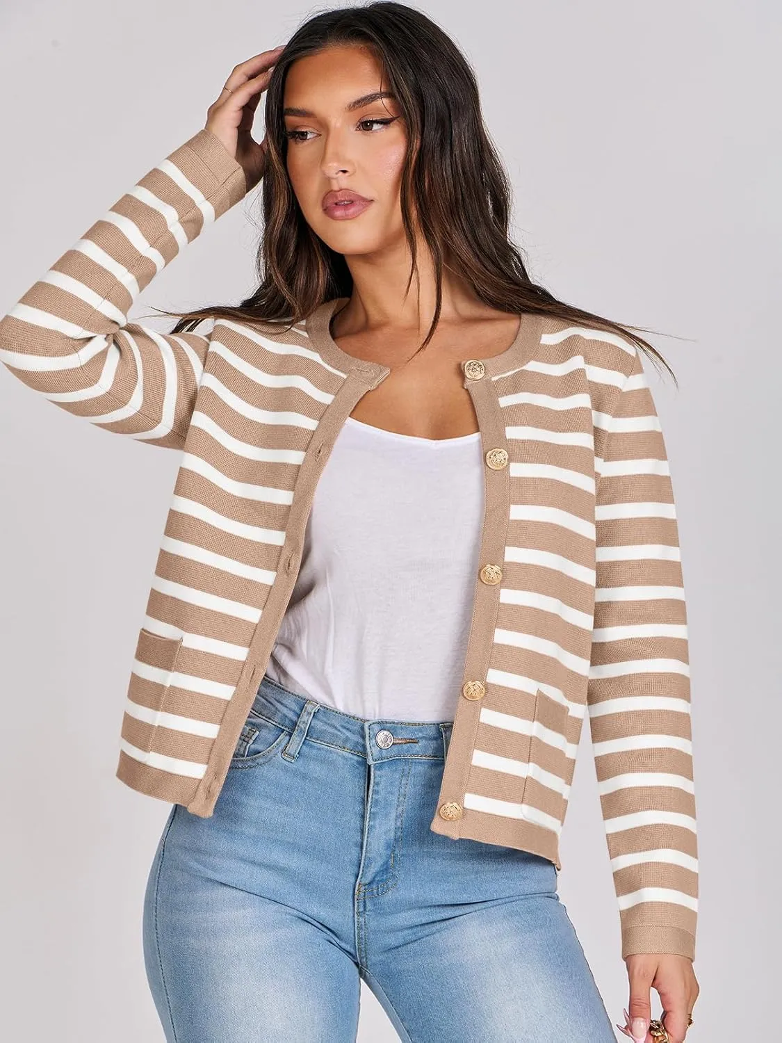 ANRABESS Women Striped Cardigan Sweaters Button Down Cropped Knit Lady Jackets Coat 2025 Fall Outfits Spring Trendy Clothes