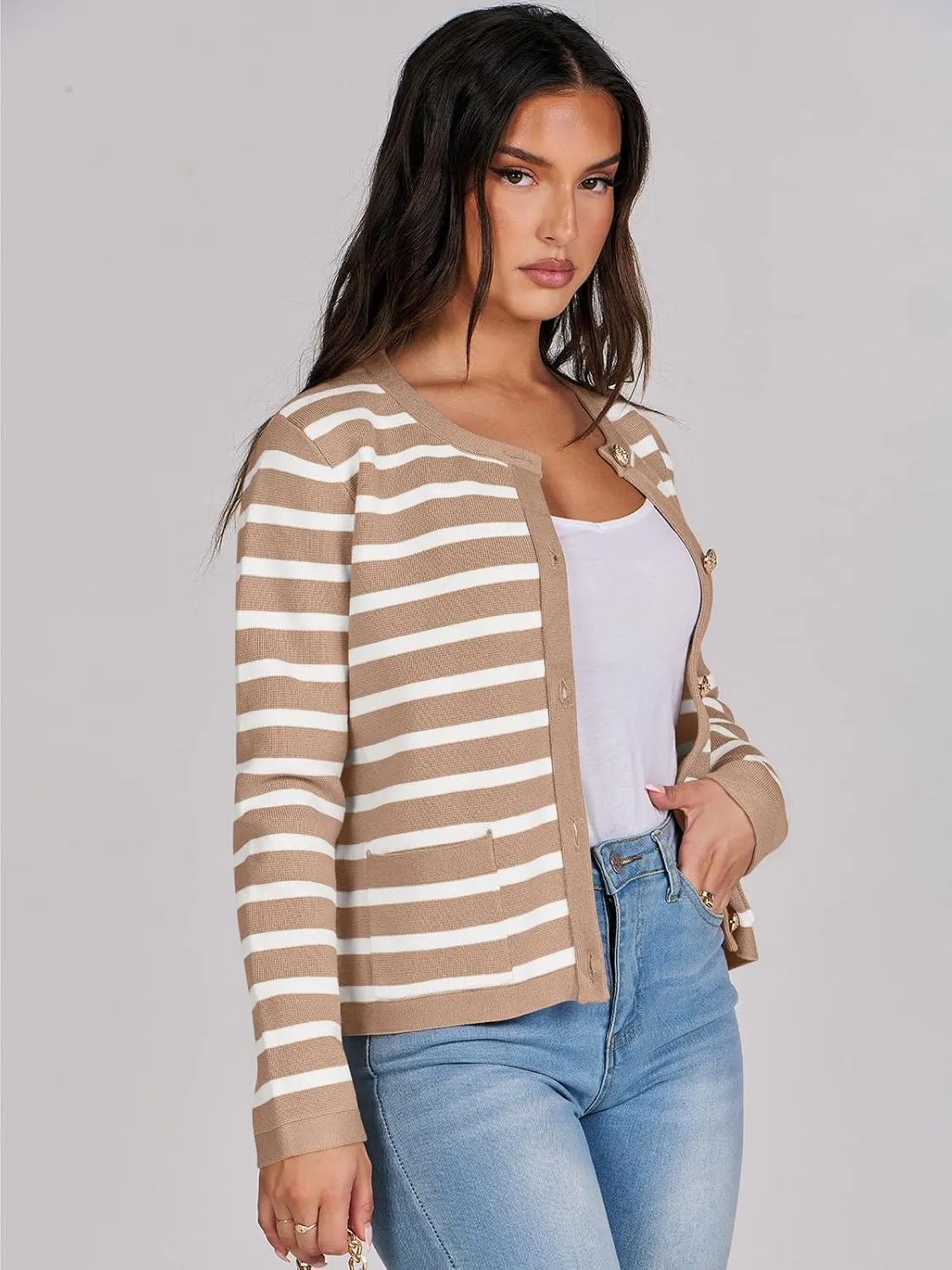 ANRABESS Women Striped Cardigan Sweaters Button Down Cropped Knit Lady Jackets Coat 2025 Fall Outfits Spring Trendy Clothes