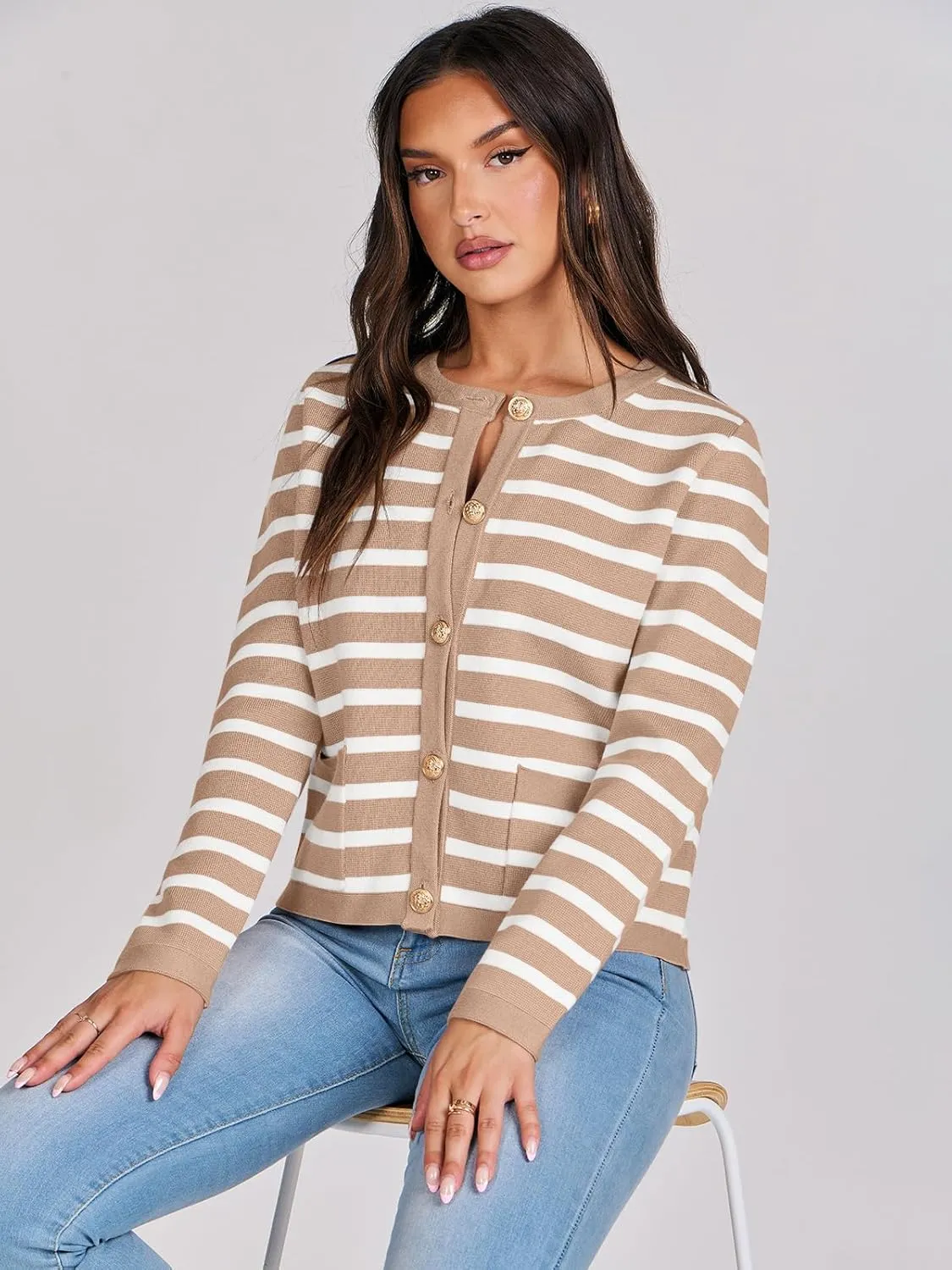 ANRABESS Women Striped Cardigan Sweaters Button Down Cropped Knit Lady Jackets Coat 2025 Fall Outfits Spring Trendy Clothes
