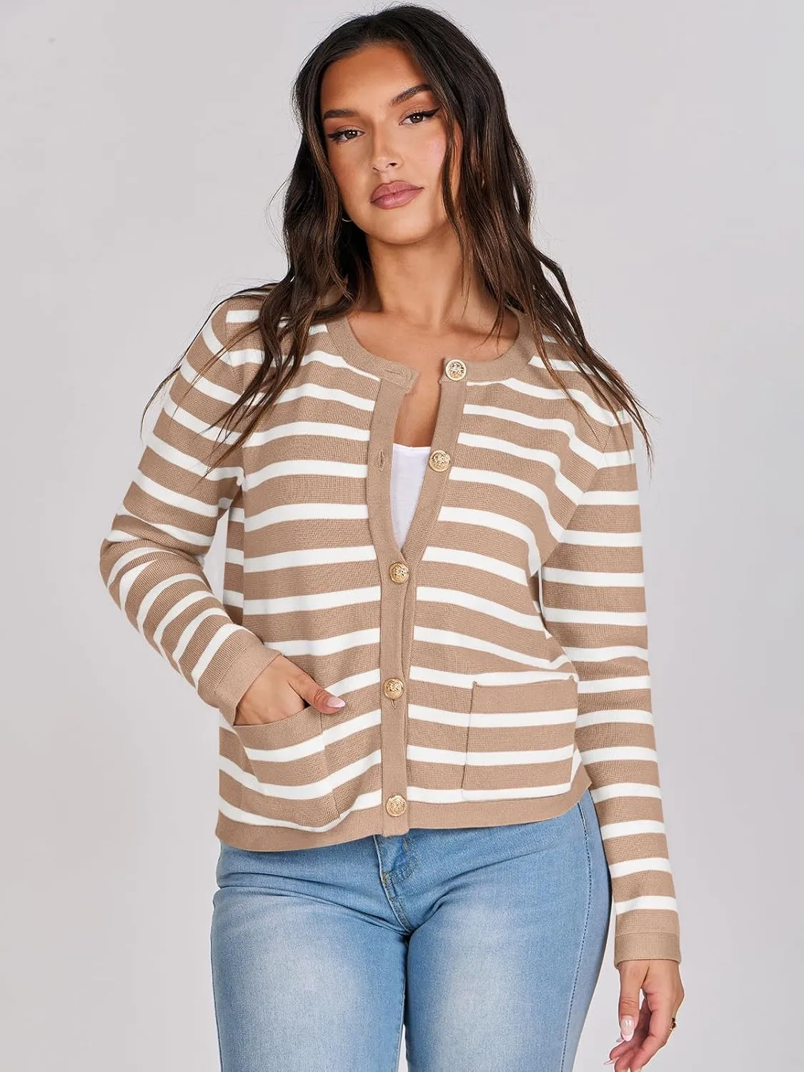 ANRABESS Women Striped Cardigan Sweaters Button Down Cropped Knit Lady Jackets Coat 2025 Fall Outfits Spring Trendy Clothes