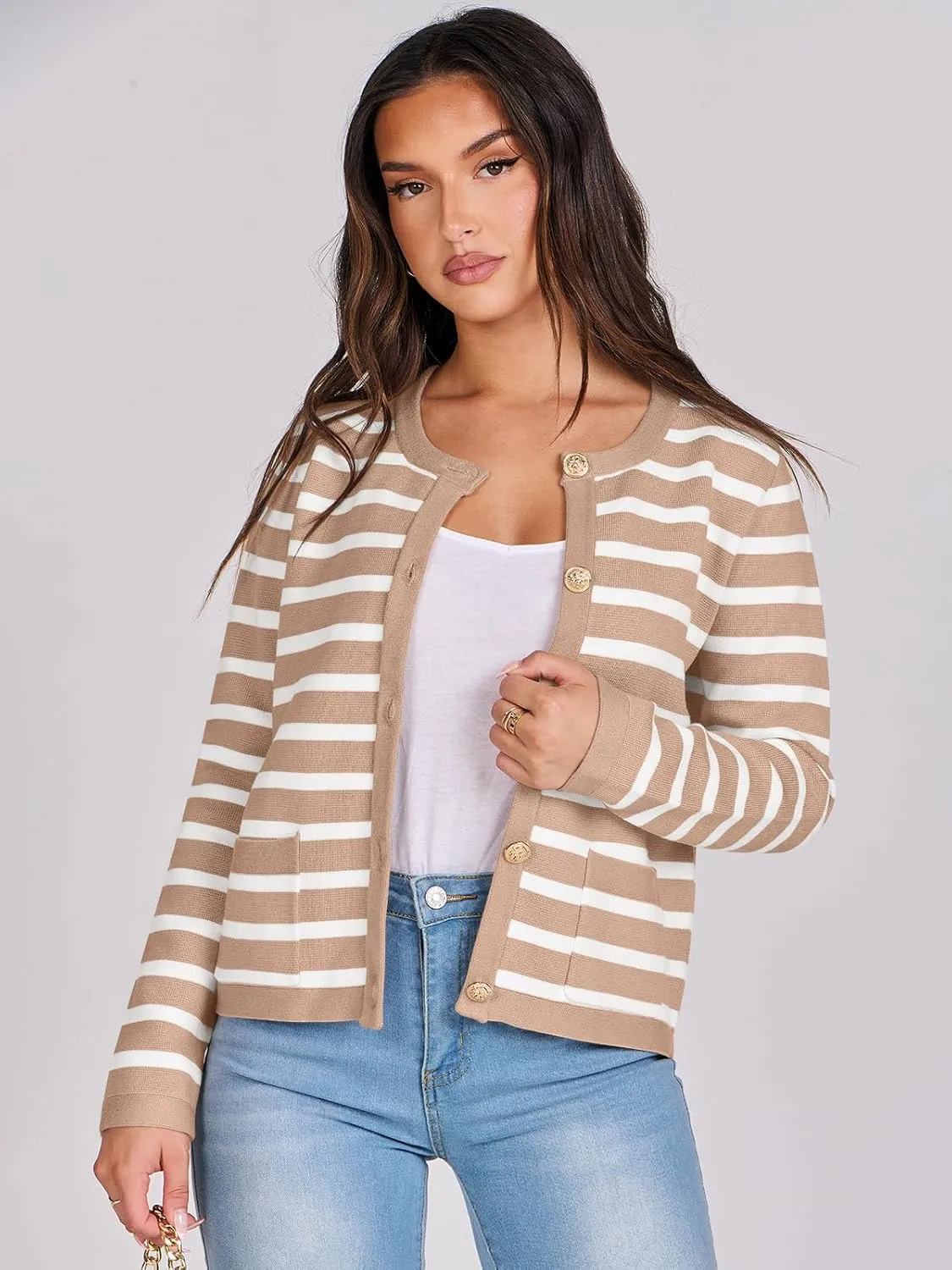 ANRABESS Women Striped Cardigan Sweaters Button Down Cropped Knit Lady Jackets Coat 2025 Fall Outfits Spring Trendy Clothes