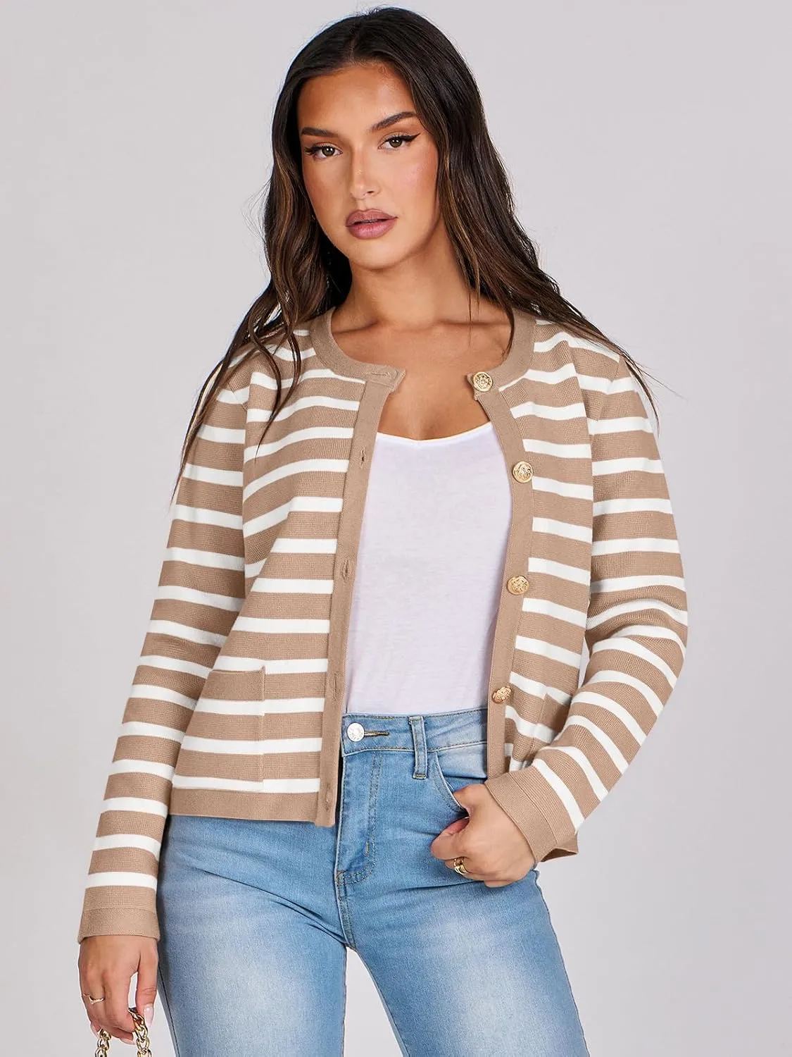 ANRABESS Women Striped Cardigan Sweaters Button Down Cropped Knit Lady Jackets Coat 2025 Fall Outfits Spring Trendy Clothes