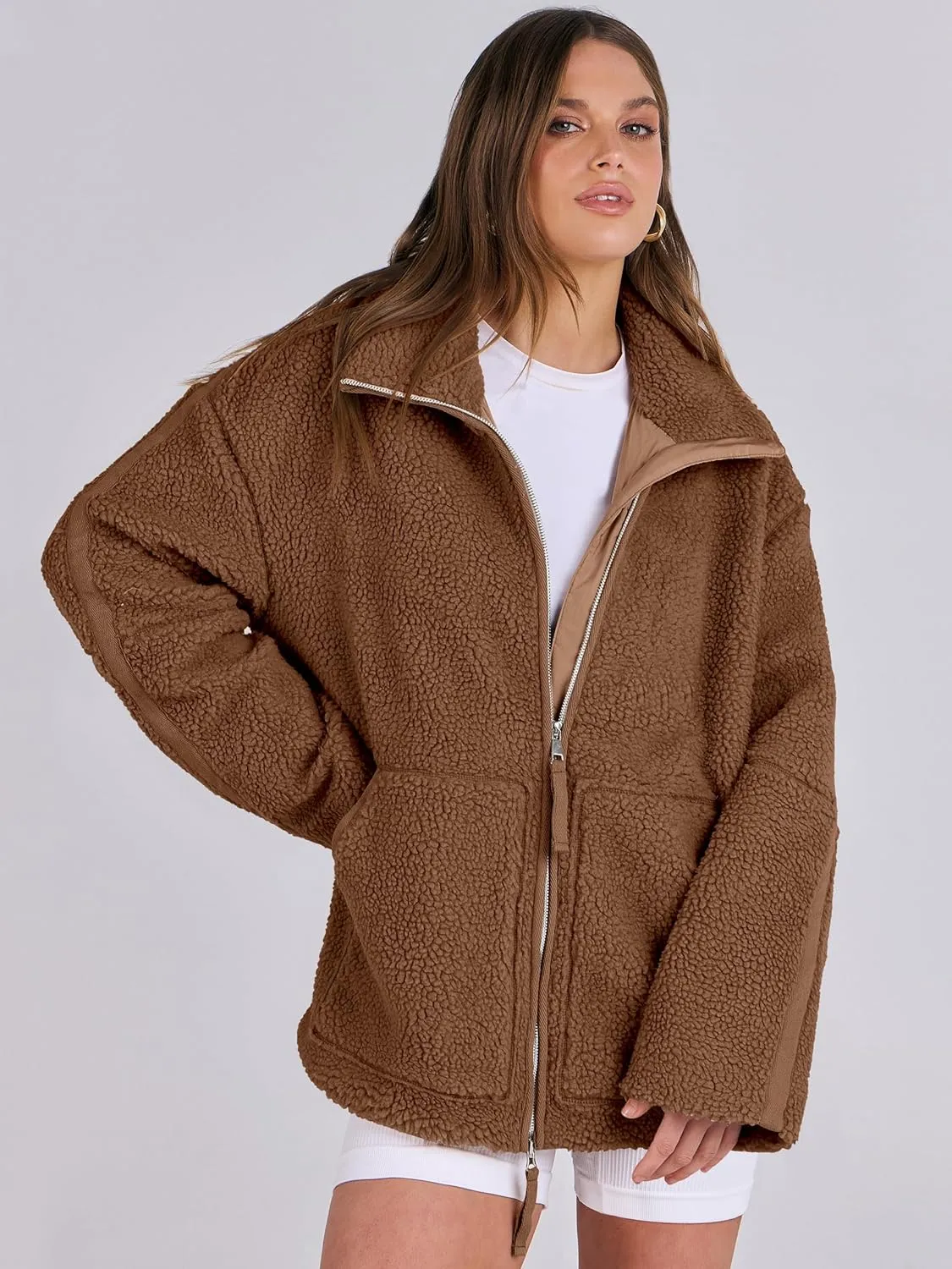 ANRABESS Womens Fleece Jacket Oversized Zip Up Sherpa Fuzzy Casual Coats Winter Fall Outerwear 2024 Clothes with Pockets
