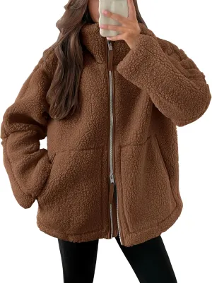 ANRABESS Womens Fleece Jacket Oversized Zip Up Sherpa Fuzzy Casual Coats Winter Fall Outerwear 2024 Clothes with Pockets