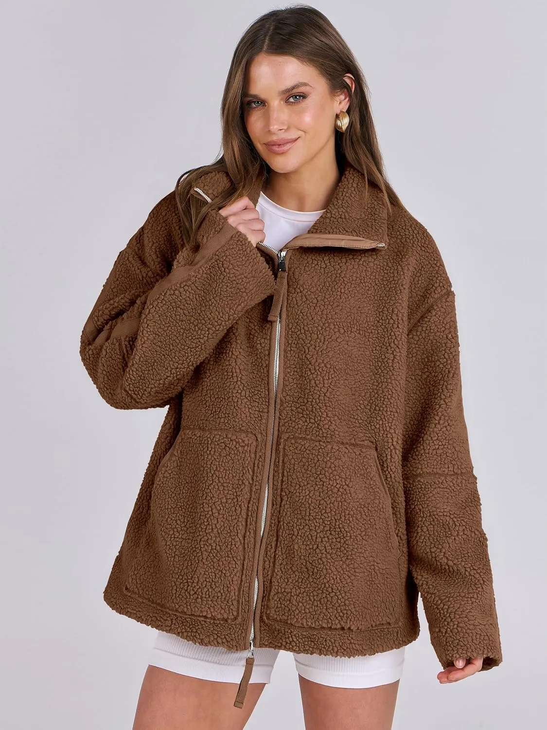 ANRABESS Womens Fleece Jacket Oversized Zip Up Sherpa Fuzzy Casual Coats Winter Fall Outerwear 2024 Clothes with Pockets