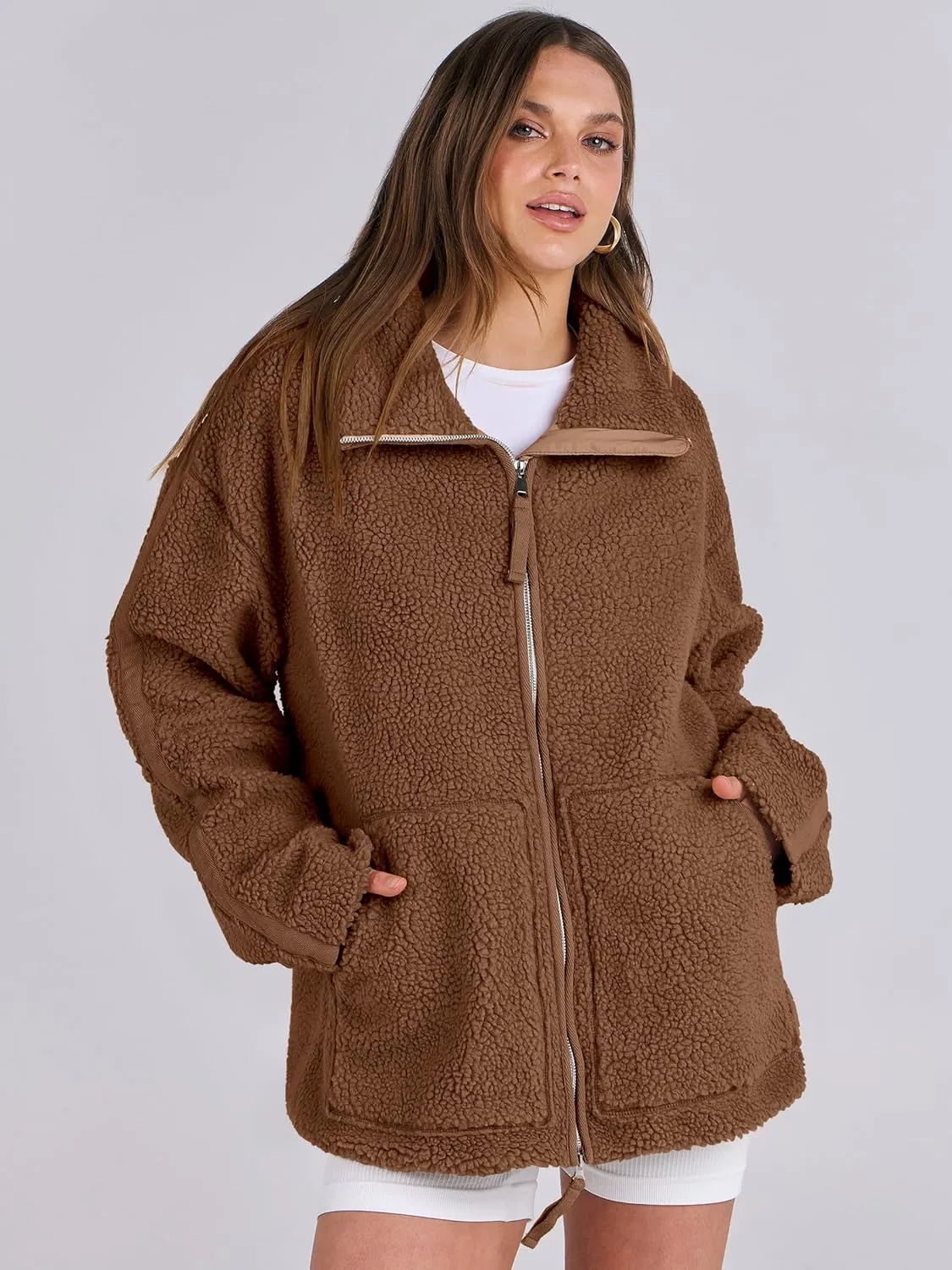 ANRABESS Womens Fleece Jacket Oversized Zip Up Sherpa Fuzzy Casual Coats Winter Fall Outerwear 2024 Clothes with Pockets