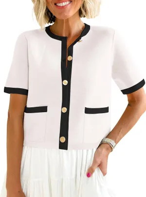 ANRABESS Women's Short Sleeve Cardigan Sweaters Summer Casual Crew Neck Knit Striped Button Down Cropped Dressy Blouses Tops