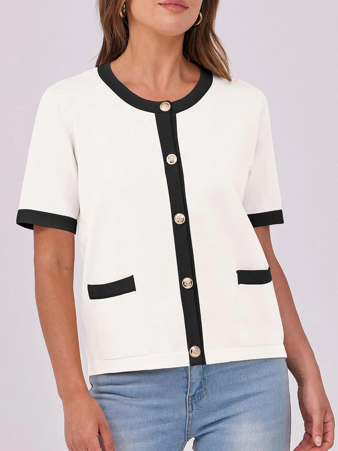 ANRABESS Women's Short Sleeve Cardigan Sweaters Summer Casual Crew Neck Knit Striped Button Down Cropped Dressy Blouses Tops