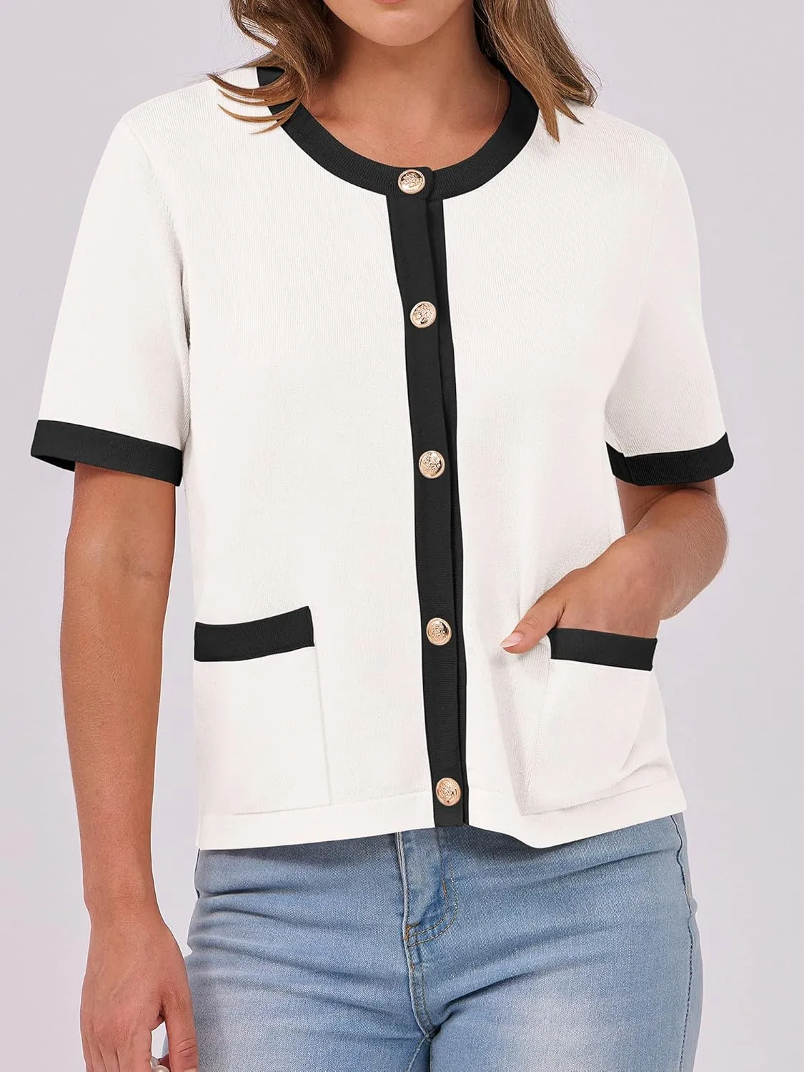 ANRABESS Women's Short Sleeve Cardigan Sweaters Summer Casual Crew Neck Knit Striped Button Down Cropped Dressy Blouses Tops