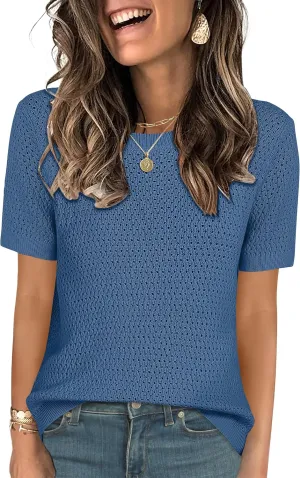 ANRABESS Women's Short Sleeve Sweaters Summer Knit Tops Crewneck Casual Business Dressy Blouses 2025 Spring Outfit