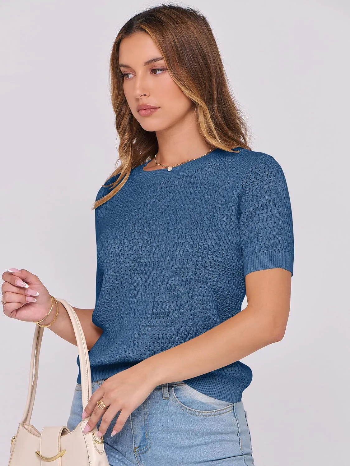 ANRABESS Women's Short Sleeve Sweaters Summer Knit Tops Crewneck Casual Business Dressy Blouses 2025 Spring Outfit
