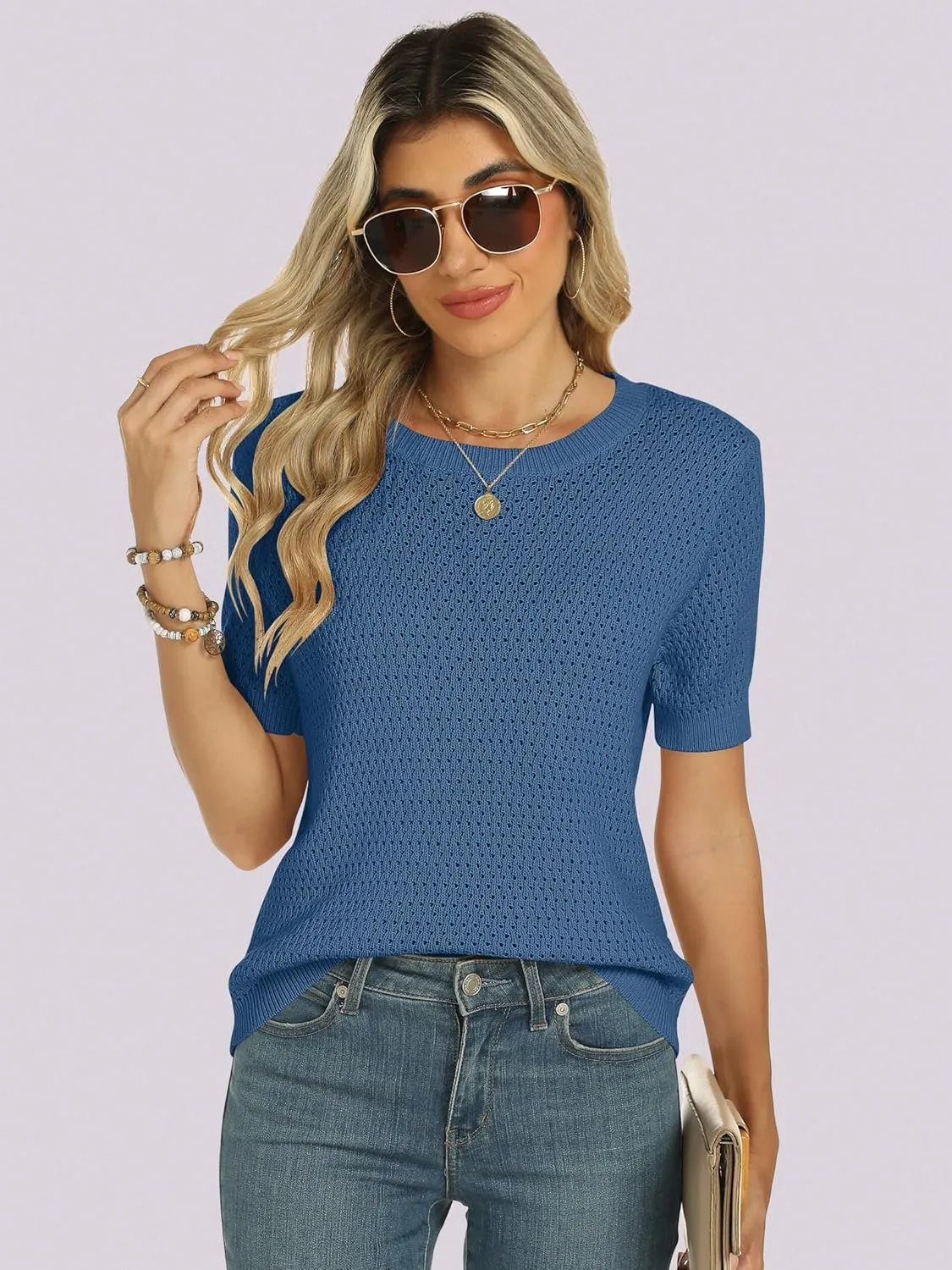 ANRABESS Women's Short Sleeve Sweaters Summer Knit Tops Crewneck Casual Business Dressy Blouses 2025 Spring Outfit