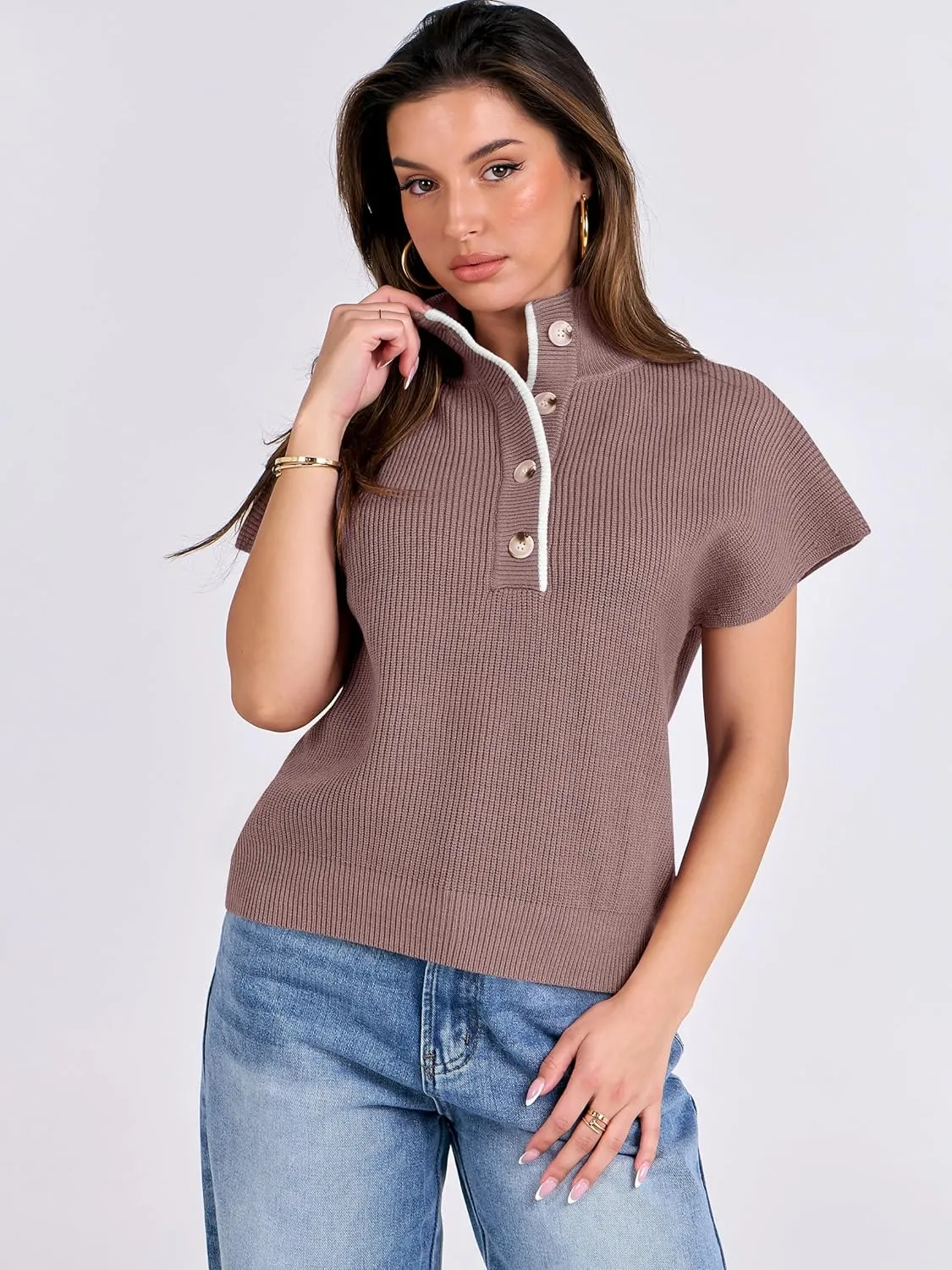 ANRABESS Womens Short Sleeve Sweaters V Neck Button Down Pullover Sweater Tops Loose Casual Knit 2025 Summer Outfits