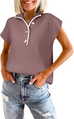ANRABESS Womens Short Sleeve Sweaters V Neck Button Down Pullover Sweater Tops Loose Casual Knit 2025 Summer Outfits