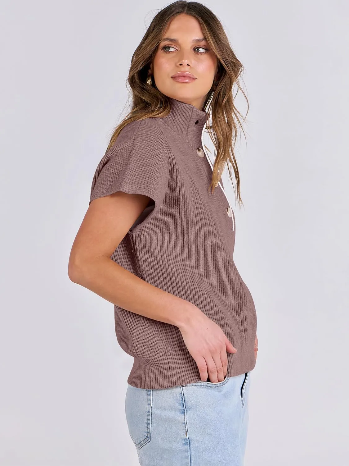 ANRABESS Womens Short Sleeve Sweaters V Neck Button Down Pullover Sweater Tops Loose Casual Knit 2025 Summer Outfits