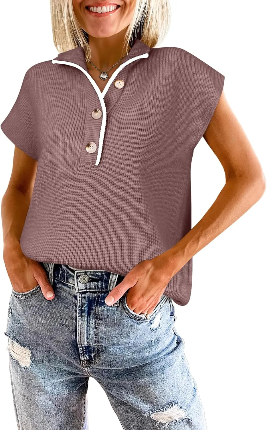ANRABESS Womens Short Sleeve Sweaters V Neck Button Down Pullover Sweater Tops Loose Casual Knit 2025 Summer Outfits