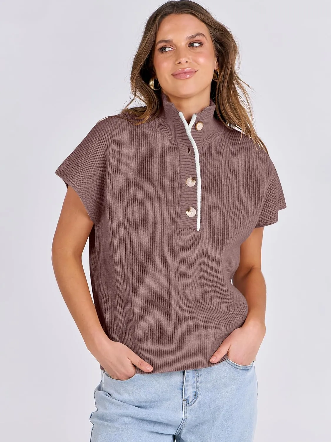 ANRABESS Womens Short Sleeve Sweaters V Neck Button Down Pullover Sweater Tops Loose Casual Knit 2025 Summer Outfits