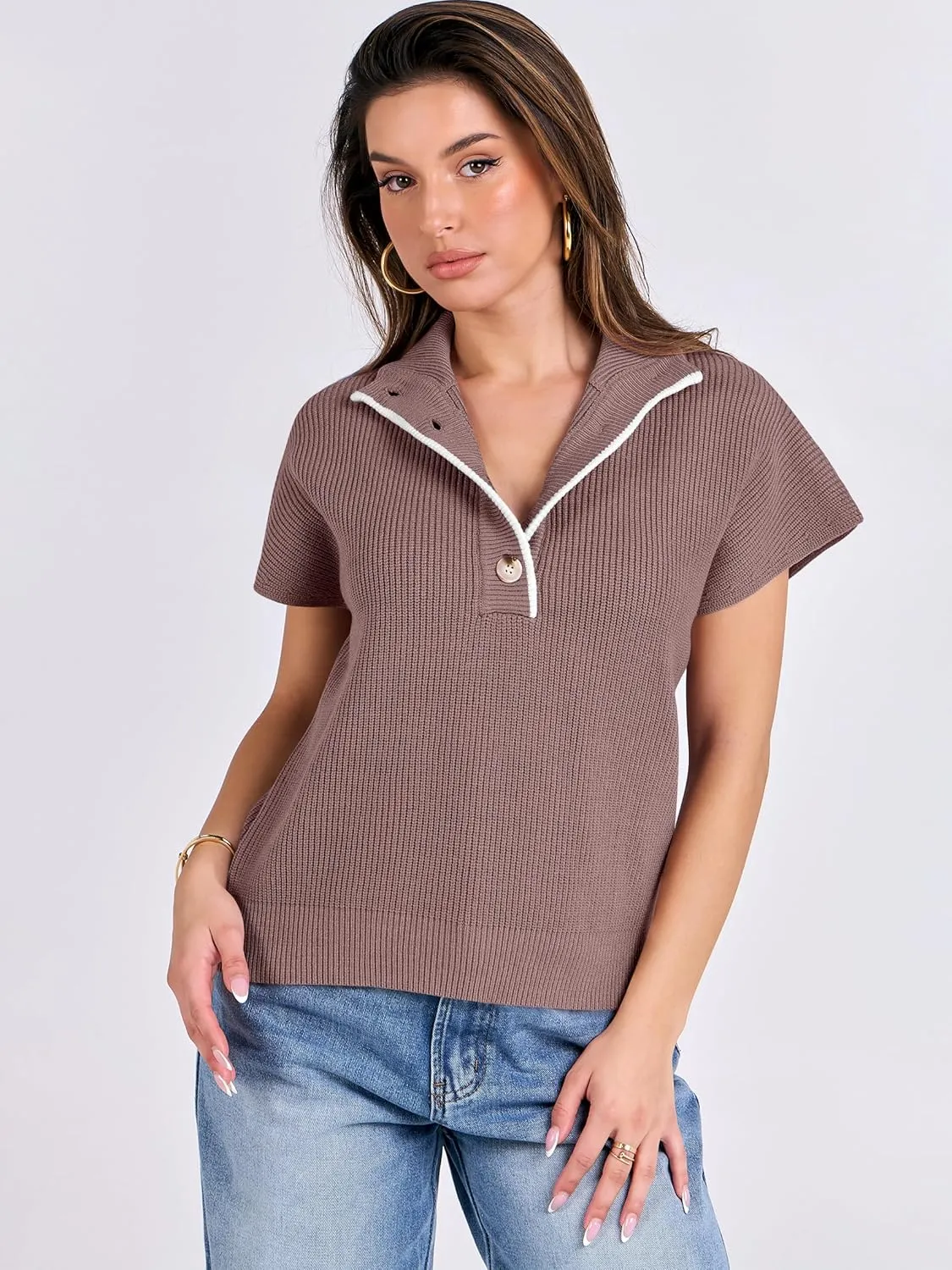 ANRABESS Womens Short Sleeve Sweaters V Neck Button Down Pullover Sweater Tops Loose Casual Knit 2025 Summer Outfits